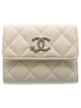 Chanel Quilted Star Logo Small Flap Wallet Trifold Coin Case White Leather